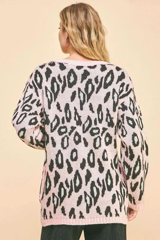 Davi & Dani Leopard Ribbon Tie Front Loose Fit Cardigan - Love Salve